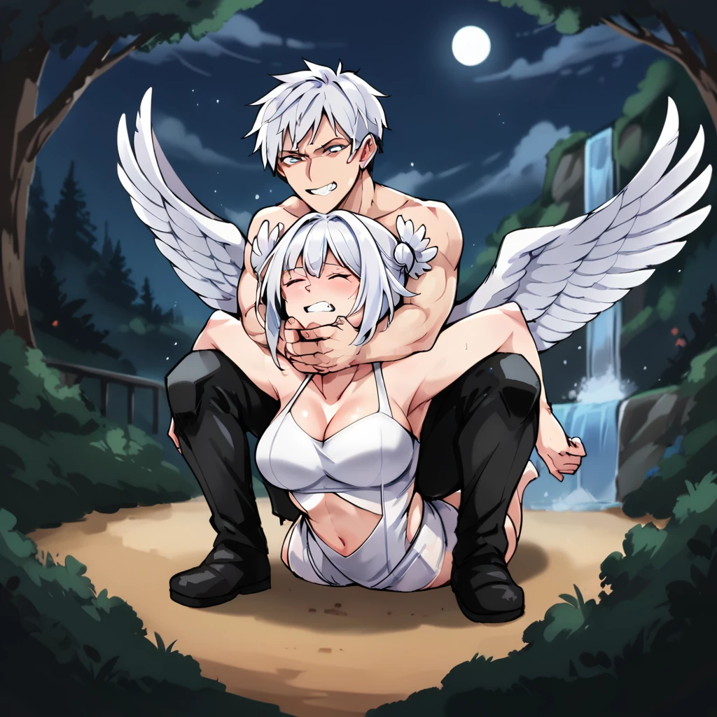 girl long hair, bare shoulders, breast, angel, angel wings, bird wings, black wings, blush, cleavage, closed eyes, detached sleeves, feathered wings, feathers, head wings, low wings, multicolored wings, short hair, silver hair, single wing, smile, thighhighs, white wings, wings, outdoors, waterfall, night, night sky, 1boy, 1girl, medium breasts, boy doing full nelson on girl, boy doing camel clutch on girl, on back, rolling eyes, pain, clenched teeth, white hair, boy short hair, strangling, squatting, camel clutch, 