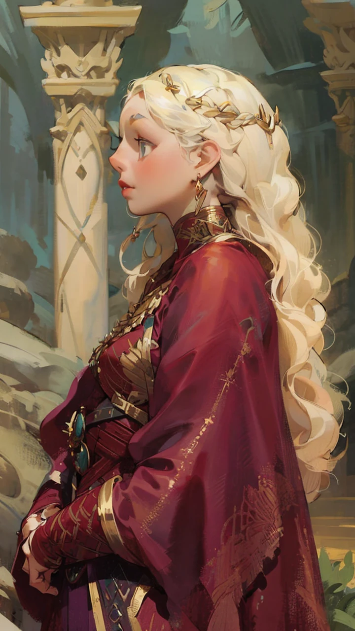 Girl with white wavy hair,side braids,beautiful necklace, Targaryen women hairstyle,beautiful gold tiara, red and black dress