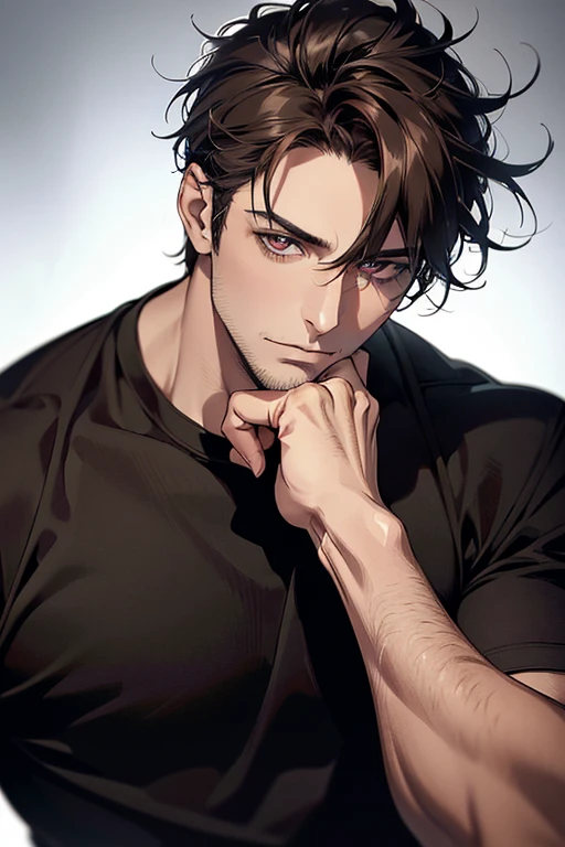 (Best quality,4K,8K,a high resolution,masterpiece:1.2),ultra detailed,(realistic,photorealistic,photo-realistic:1.37),39 year old man,Beautiful anime,portraits,strong,masculine,dark hair,Sharp jawline,Mesmerizing eyes,Perfectly styled hair,confident expression,bright colors,dynamic lighting,Brown eyes,(Black T-shirt),(dark skin),((mature man, man 40 years old)), (square jaw)