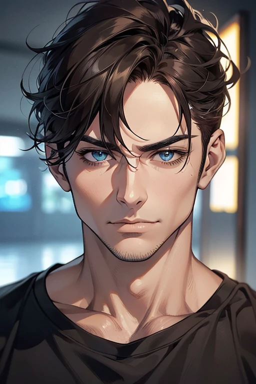 (Best quality,4K,8K,a high resolution,masterpiece:1.2),ultra detailed,(realistic,photorealistic,photo-realistic:1.37),39 year old man,Beautiful anime,portraits,strong,masculine,dark hair,Sharp jawline,Mesmerizing eyes,Perfectly styled hair,confident expression,bright colors,dynamic lighting,Brown eyes,(Black T-shirt),(dark skin),((mature man, man 40 years old)), (square jaw)