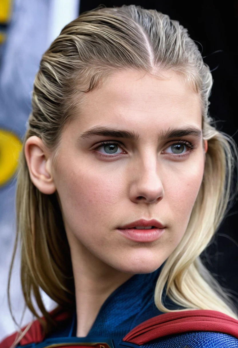 In extreme close-up of a beautiful woman Gaia Weiss under the mantle of the Kryptonian Kara Zor-The alias Supergirl (((Traje Man Of Steel Movie))),(((long blonde hair))),(((Traje Man Of Steel Movie))),(((a part of his head shaved))), Splash color images))),(((Front Images))),(((a part of his head shaved)))