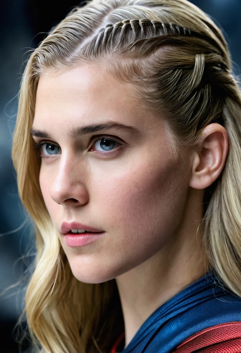 In extreme close-up of a beautiful woman Gaia Weiss under the mantle of the Kryptonian Kara Zor-The alias Supergirl (((Traje Man Of Steel Movie))),(((long blonde hair))),(((Traje Man Of Steel Movie))),(((a part of his head shaved))), Splash color images))),(((Front Images))),(((a part of his head shaved)))