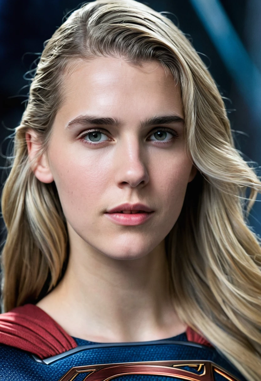 In extreme close-up of a beautiful woman Gaia Weiss under the mantle of the Kryptonian Kara Zor-The alias Supergirl (((Traje Man Of Steel Movie))),(((long blonde hair))),(((Traje Man Of Steel Movie))),(((a part of his head shaved))), Splash color images))),(((Front Images))),(((a part of his head shaved)))