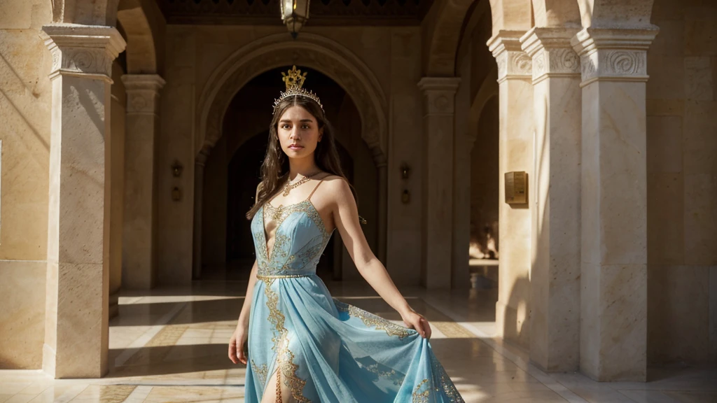 Uma princesa de 20 anos na época Mediovale, princesa Mediovale branca,Caucasian female, Long light blue detailed dress, Rich golden jewelry, Detailed white of green eyes, dark hair, Reino Mediovale , located in a desert, Mediovale, kingdom of Dorne from Game of thrones (TV series), reino Mediovale,high détail, sharp focus, dramatic, Alcazar Palace in Seville, realisitic