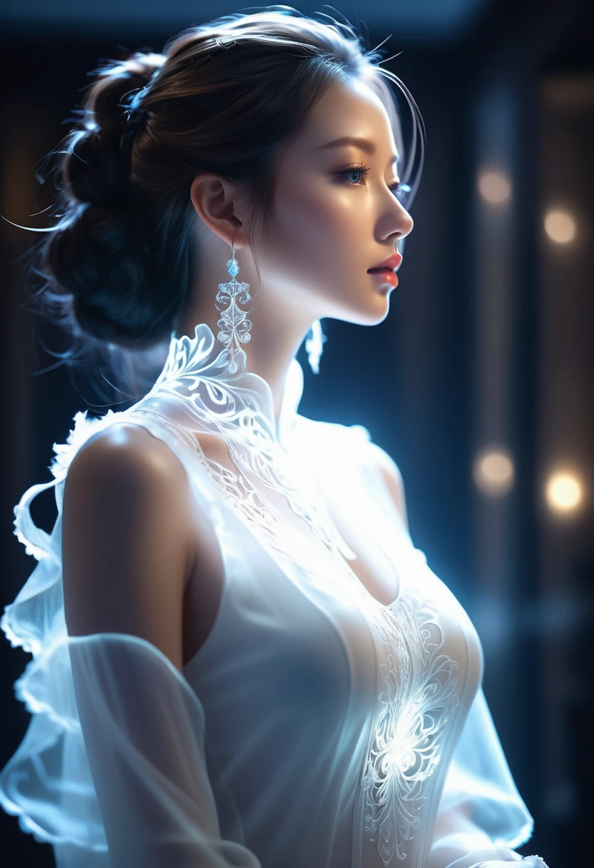 ((jewel_light element)), (Translucent luminous body_wearing a white frilly blouse), (girl made of light: 1.2, Long wavy hairstyle with delicate features and light:1.3), (minimalism: 0.5), (Front gaze close-up angle: 1.3), 4K, HDR, acid graphics, fantasy work, [Detailed and vivid face: 0.33], (White translucent glowing body and hair: 1.3), Shiny beautiful woman with silhouette outline, Understated elegance is revealed... A calm and dignified atmosphere provides a subtle sense of luxury..... gray smooth texture, stylish pose, fluorescent, Glowing tattoo, bioluminescent tattoo, glowing pattern.