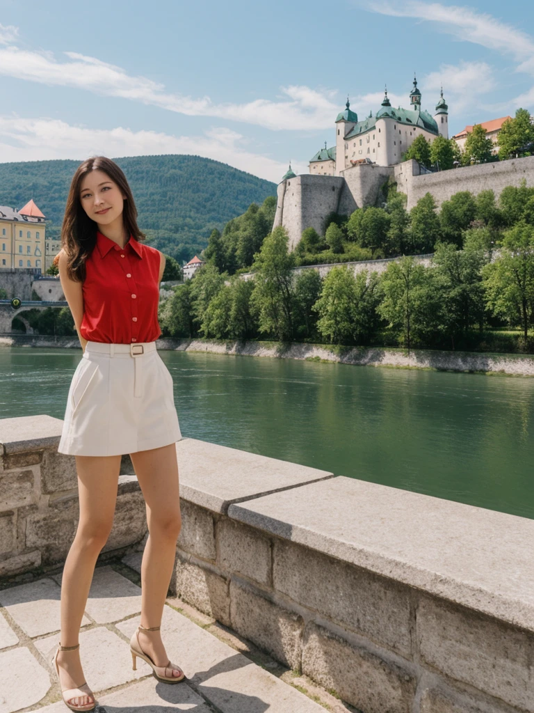 her name is Asako, high quality, 1girl, ((20-year-old fit Caucasian woman)), ((20 years old)), ((slim)), ((Hime Cut)), pose: standing, wearing stylish fashionable Generation-Z modern wear bright colored, BACKGROUND:Your residence is a baroque townhouse with stucco facades and wrought iron railings, overlooking the Salzach River and the Hohensalzburg Fortress.