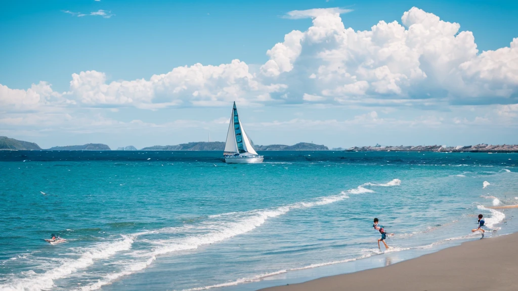 Many children are running,Blue sky,White Cloud,Sea,Sunlight,Beach,Seagull,A sailboat