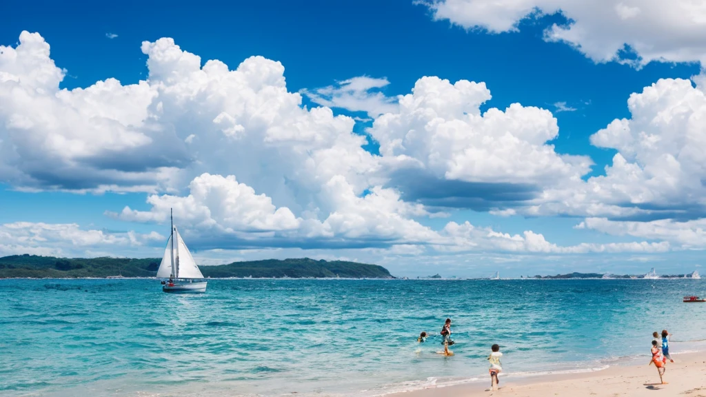 Many children are running，Blue sky，White Cloud，Sea，Sunlight，Beach，Seagull，A sailboat
