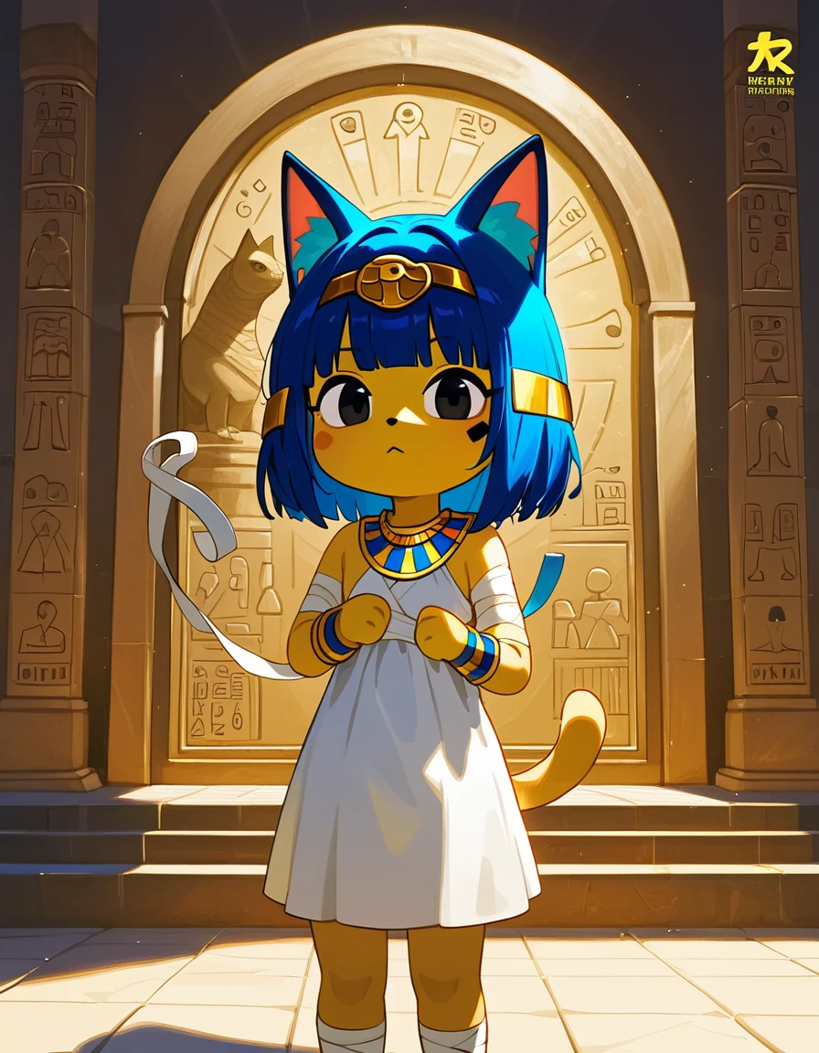 1girl，Artist Name，Egyptian cat，Blue Hair，skin，Keep your mouth shut，Wear，whole body，solo，Standing，猫Tail，Keep your mouth shut，Wear，Looking at the audience,Animal Crossing Furry, Blue Hair, Hair accessories, 黄skin, black eyes, White Dress, Tail, Egyptian Pyramids，mummy，Sunlight，sunny，(masterpiece), ((best quality), Detailed background, masterpiece, best quality, high quality, absurd, The award-winning, professional, Very detailed