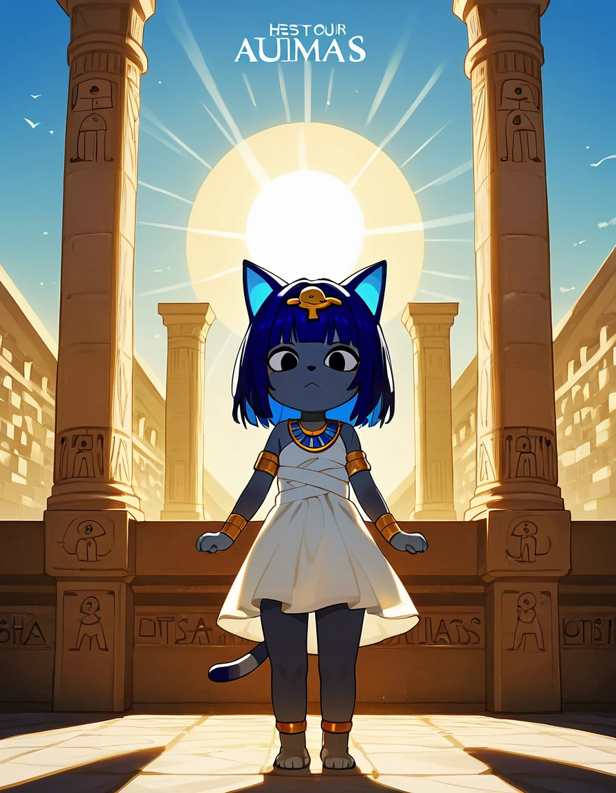 1girl，Artist Name，Egyptian cat，Blue Hair，skin，Keep your mouth shut，Wear，whole body，solo，Standing，猫Tail，Keep your mouth shut，Wear，Looking at the audience,Animal Crossing Furry, Blue Hair, Hair accessories, 黄skin, black eyes, White Dress, Tail, Egyptian Pyramids，mummy，Sunlight，sunny，(masterpiece), ((best quality), Detailed background, masterpiece, best quality, high quality, absurd, The award-winning, professional, Very detailed