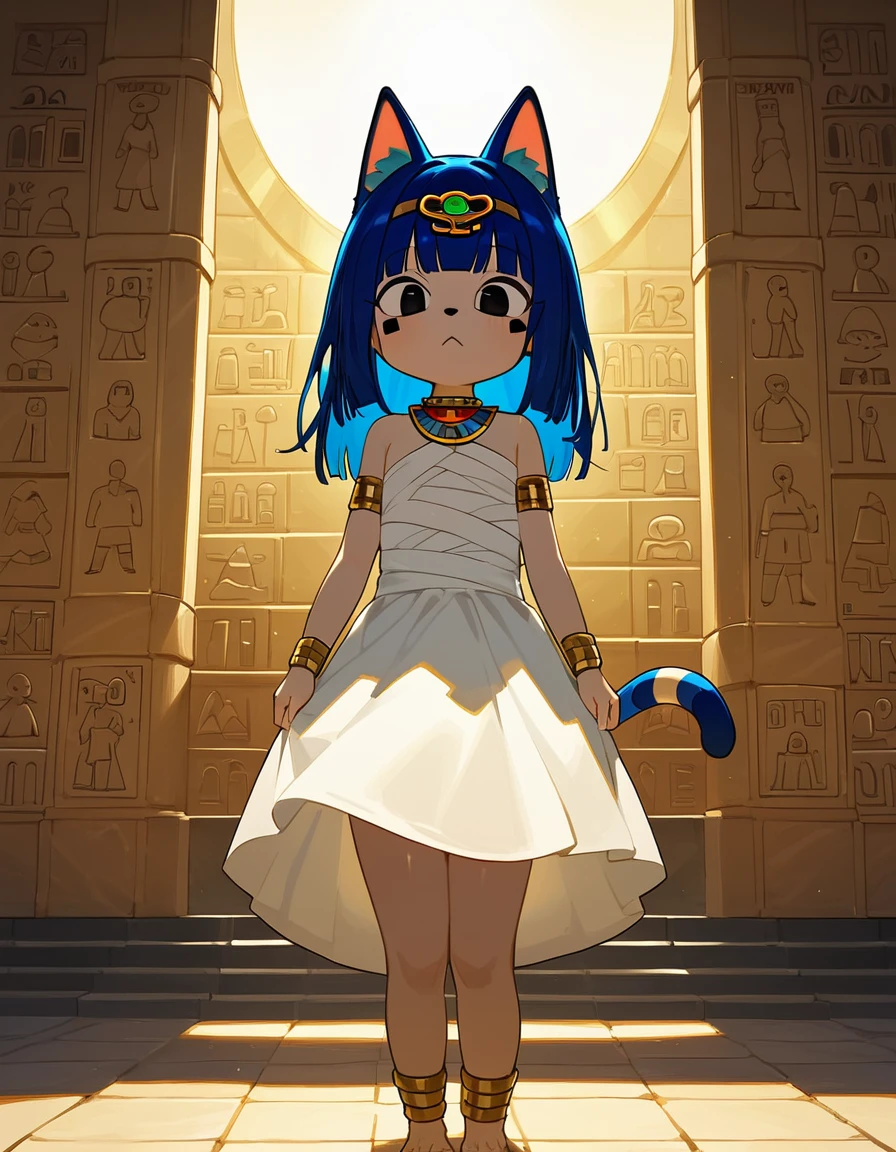 1girl，Artist Name，Egyptian cat，Blue Hair，skin，Keep your mouth shut，Wear，whole body，solo，Standing，猫Tail，Keep your mouth shut，Wear，Looking at the audience,Animal Crossing Furry, Blue Hair, Hair accessories, 黄skin, black eyes, White Dress, Tail, Egyptian Pyramids，mummy，Sunlight，sunny，(masterpiece), ((best quality), Detailed background, masterpiece, best quality, high quality, absurd, The award-winning, professional, Very detailed