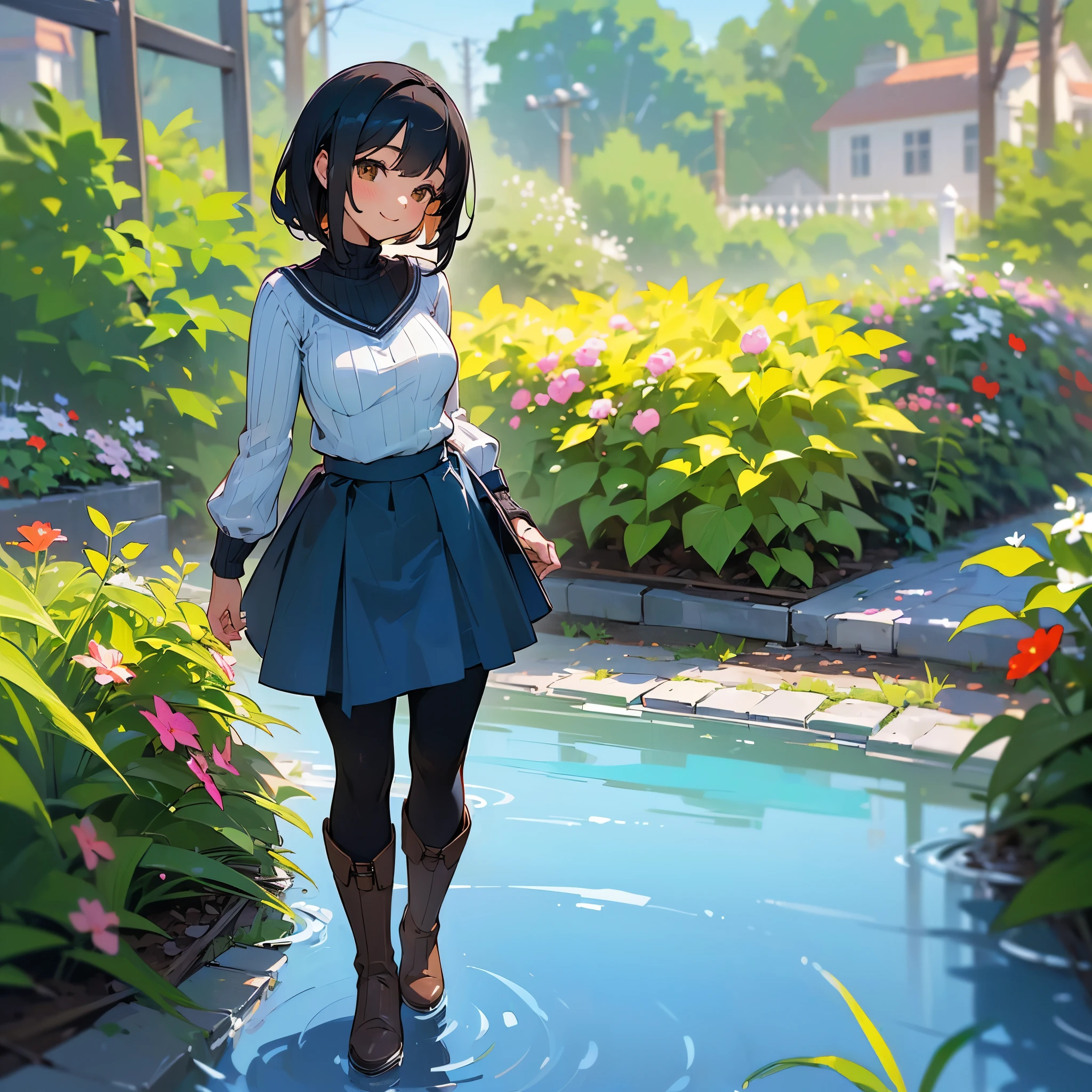 (high quality, High resolution, Very detailed, reality:1.37), Peaceful atmosphere, (Outdoor, garden), Teenage girl standing alone, (my breasts are big.), Beautiful details, Cute Smile, (Black bob hair), Ribbed sweater, Blue Skirt, Black tights, Brown boots.