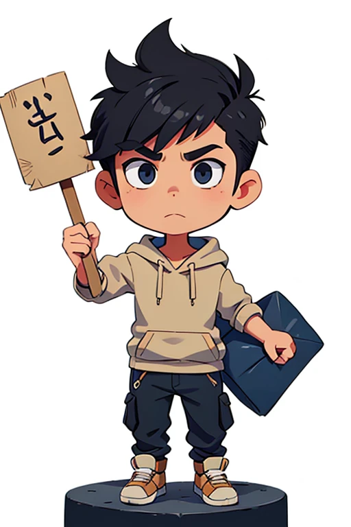 full figure chibi of a man with short black hair and shaved sides holding a sign, white background. He has bangs and wears a dark blue hoodie and beige cargo pants