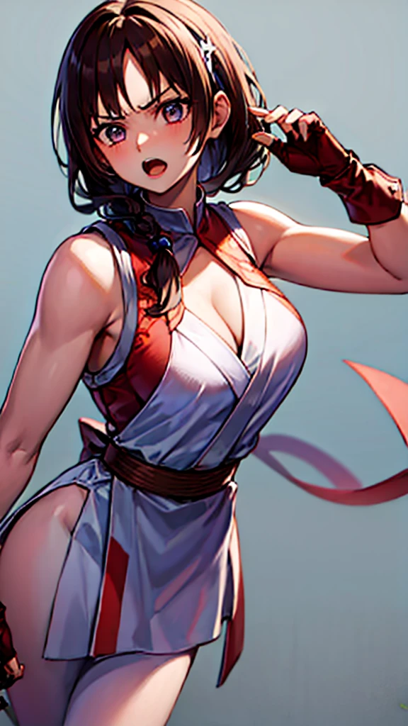 (masterpiece, best quality), best resolution, 16k, BREAK close-up, BREAK, (3heads:1.5), (cheek-to-cheek), 1girl, solo, BREAK athenams, hairband, chinese clothes, dress, gloves, hair ornament ,bare shoulders, BREAK yurims, headband, dougi, spandex, gloves, fingerless gloves, leggings, BREAK MAIMS, LARGE BREASTS, PELVIS CURTAIN, JAPANESE CLOTHES, REVEALING CLOTHES, CLEAVAGE, ROPE, SASH, BREAK ((eyes up looking sideways:1.3)), BREAK angry, fighting, open mouth, BREAK simple background