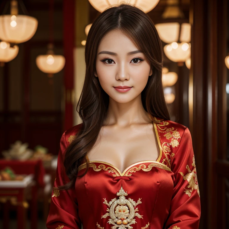 Close up shot, looking at camera, Chinese woman , Chinese and Russian half girl, girl is 30-year-old, One of the three most beautiful women in the world, A beauty known all over the world, (light Brown hair, beautiful lip, little smile), (middle breasts, slender whist, middle hip ) ,(Red Silk Yang Guifei, Chinese clothing、Royal clothing ), standing on floor , in Chinese place, candle righting, (masterpiece, highest quality, High resolution, Photo realistic, sharp, RAW Photos, 8k wallpaper, perfection, Professional Lighting, Very detailed)