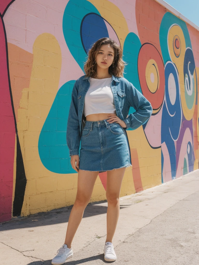 her name is Asako, high quality, 1girl, ((20-year-old fit Caucasian woman)), ((20 years old)), ((slim)), ((Wavy Bob)), pose: standing, wearing stylish fashionable Generation-Z modern wear different colored, BACKGROUND: In the colorful Caminito Street in La Boca, with vibrant murals and tango dancers.