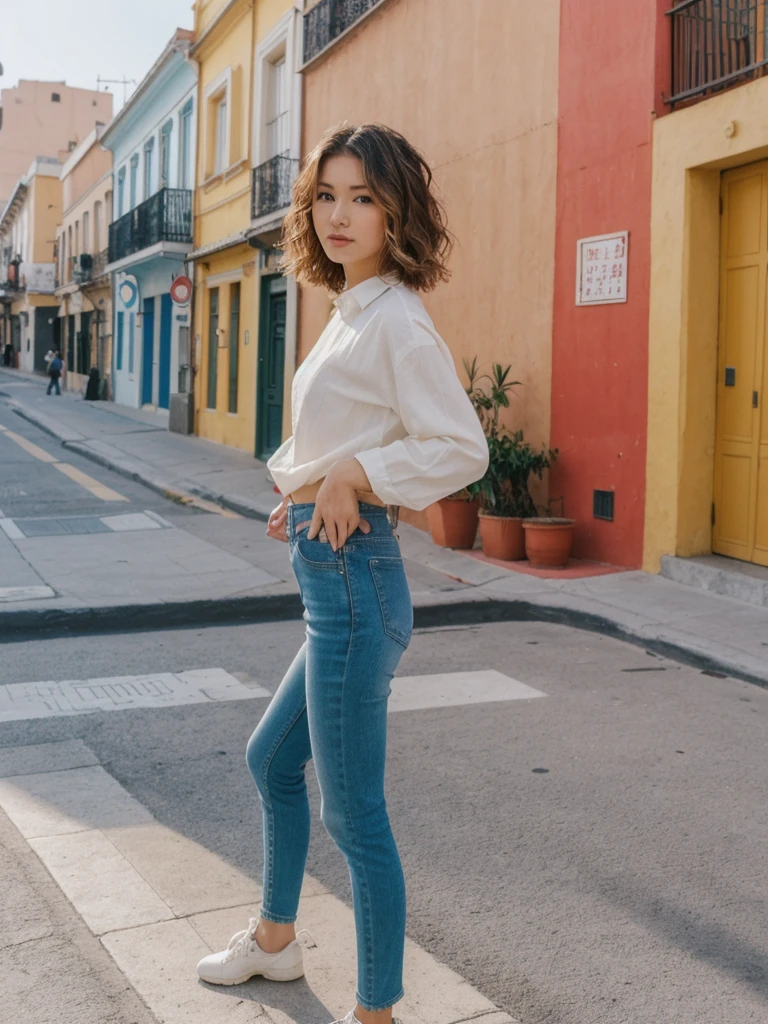 her name is Asako, high quality, 1girl, ((20-year-old fit Caucasian woman)), ((20 years old)), ((slim)), ((Wavy Bob)), pose: standing, wearing stylish fashionable Generation-Z modern wear different colored, BACKGROUND: In the colorful Caminito Street in La Boca, with vibrant murals and tango dancers.