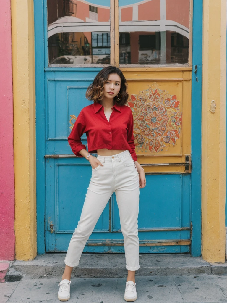 her name is Asako, high quality, 1girl, ((20-year-old fit Caucasian woman)), ((20 years old)), ((slim)), ((Wavy Bob)), pose: standing, wearing stylish fashionable Generation-Z modern wear different colored, BACKGROUND: In the colorful Caminito Street in La Boca, with vibrant murals and tango dancers.