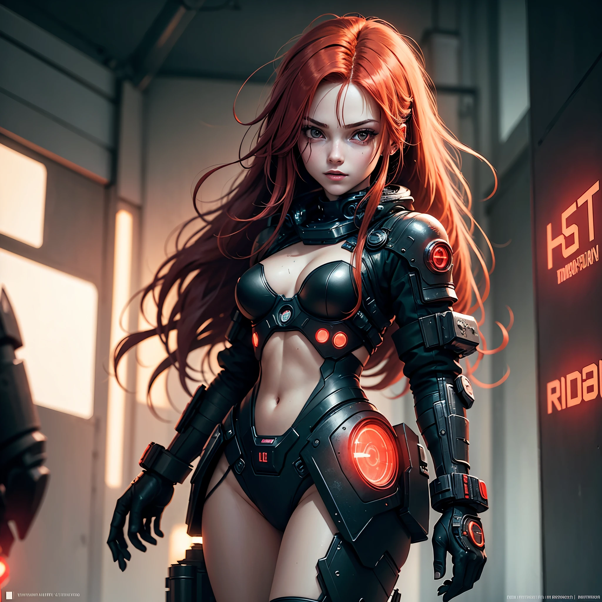"Fantastic cyberpunk post-apocalyptic style. A lonely beautiful cyborg girl with long red hair looks at the camera with a slightly playful, with a slightly flirtatious look and a slight smile. The camera films her from below and slightly to the right. She is wearing a black android suit with cleavage, decorated with small red details. The girl is the main object in the image. Red flashes and lights are visible on a dark background, creating an atmosphere of slight sadness. The main colors of the image are black and red."