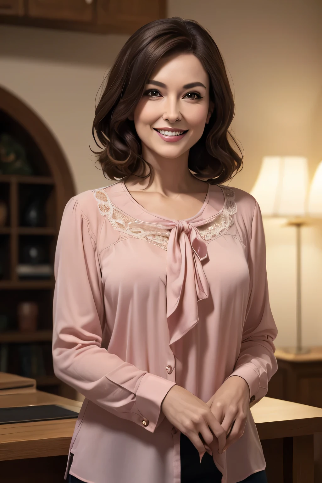 ((masterpiece)), ((Highest quality)), ((Complex)), ((Surreal)), (Realistic), (Mature Woman), ((There are no classes)), Very detailed, (1 female), Beautiful and exquisite, (Beautiful Teeth), Grin, Brunette Bob Hair, Brown eyes, ((blouse)), (Upper Body), (background:none), Perfect Eyes, Captivating eyes, Looking at the audience