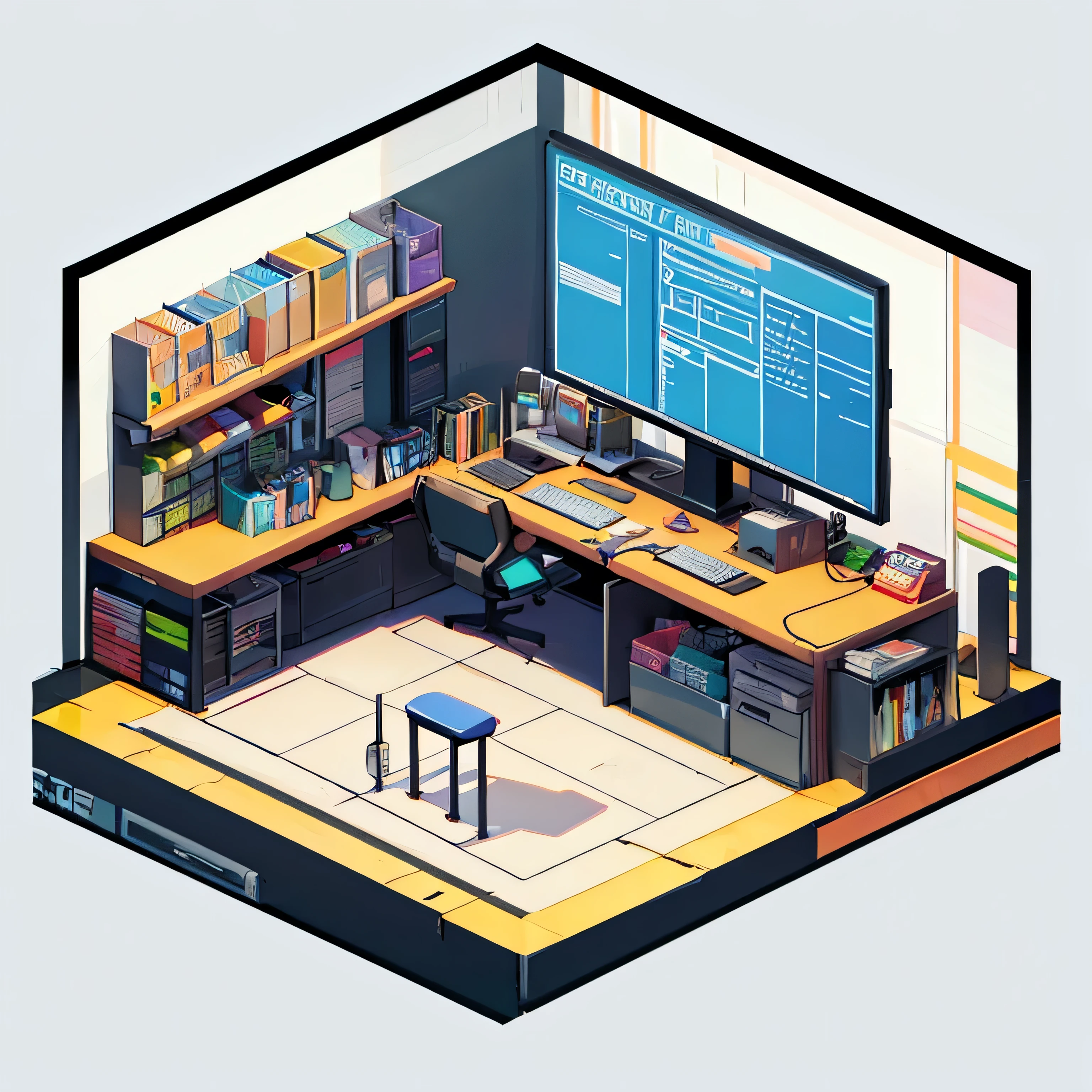 Isometric Office, NO PEOPLE, Neon color, comic style, outline style