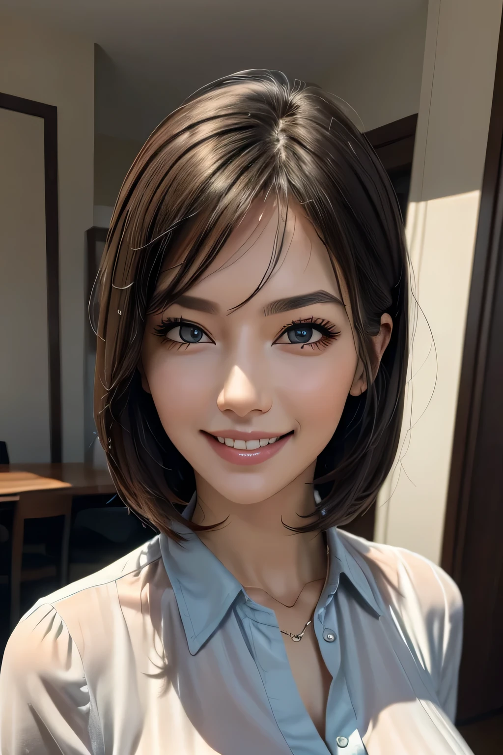 ((masterpiece)), ((Highest quality)), ((Complex)), ((Surreal)), (Realistic), (Mature Woman), ((There are no classes)), Very detailed, (1 female), Beautiful and exquisite, (Beautiful Teeth), Grin, Brunette Bob Hair, Brown eyes, ((blouse)), (Upper Body), (background:none), Perfect Eyes, Captivating eyes, Looking at the audience