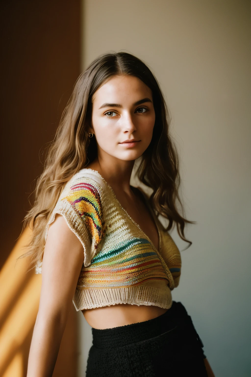 high quality ultra-realistic portrait photo of an American woman , she's in gritty old EMPTY SPACE, exceptional lush detail, the woman is (knitting vibrant squares), interior SPARCE EMPTY LIMINAL SPACE surroundings, she's, INSIDE KNITTING colorful circles wears crochet, scarves, image ultra, extraordinarily micro-realistic quality photo of a crochet woman , exceptional lush detail of woman pupils, ((glance to camera)), soft lights, no makeup beauty, her hair behind her ears, she's wearing (knitted wrap colorful with black skirt), MESMERIZING facial detail, shapely, high quality 1 woman , taken interiors empty, in a (liminal:1.1), all alone,, ((high contrast:1.2)),creepy LIMINAL SPACE (professional woman), ((taken using Leica camera, aperture: f/2.3)) , hyper-realistic skin, pores, (she has golden brushed hair, long), her hair is over her ear, healthy sun-kissed skin, blushing, blush cheeks, a (professional woman:1.1),, relaxed, natural light glow, radiant skin , perfectly framed face, (perfect image, incredible eyes:1.1), raw photo, beautiful composition, golden ratio, playful , inspiring, (highest quality fabric texture), every detail,Fine facial features – (Highest Quality) ,film, High qualitydetails ultra detailed(Ultra-fine ), Photorealistic , high resolution),relaxed artistic photos