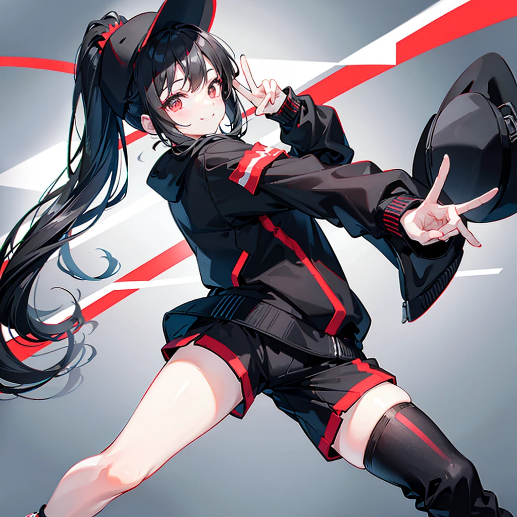 (ponytail),(Black Hair),beautiful girl,Peace sign near face, Wear a black hat,Red sneakers,In the crowd,White tops,Black jacket,Black shorts,Tall buildings,signal machine,A lot of people,smile,It's quite far away