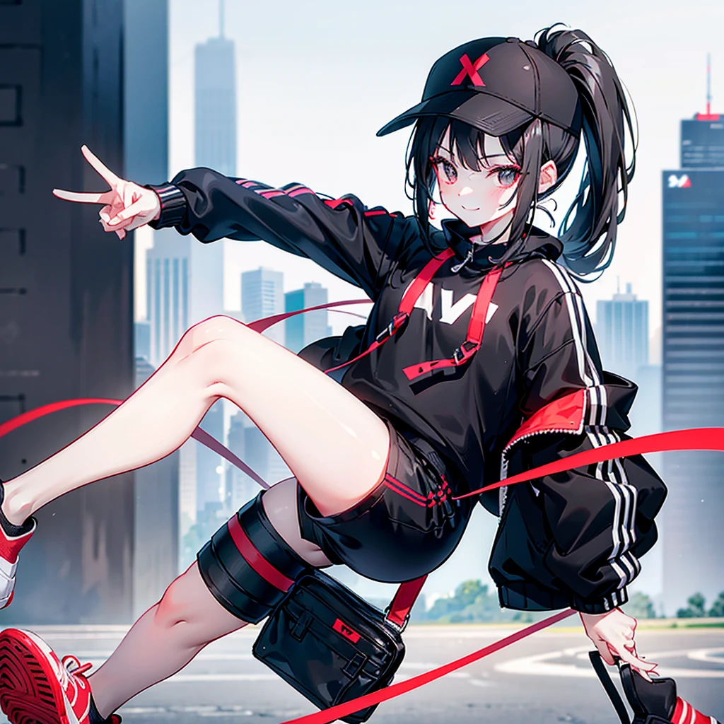 (ponytail),(Black Hair),beautiful girl,Peace sign near face, Wear a black hat,Red sneakers,In the crowd,White tops,Black jacket,Black shorts,Tall buildings,signal machine,A lot of people,smile,It's quite far away