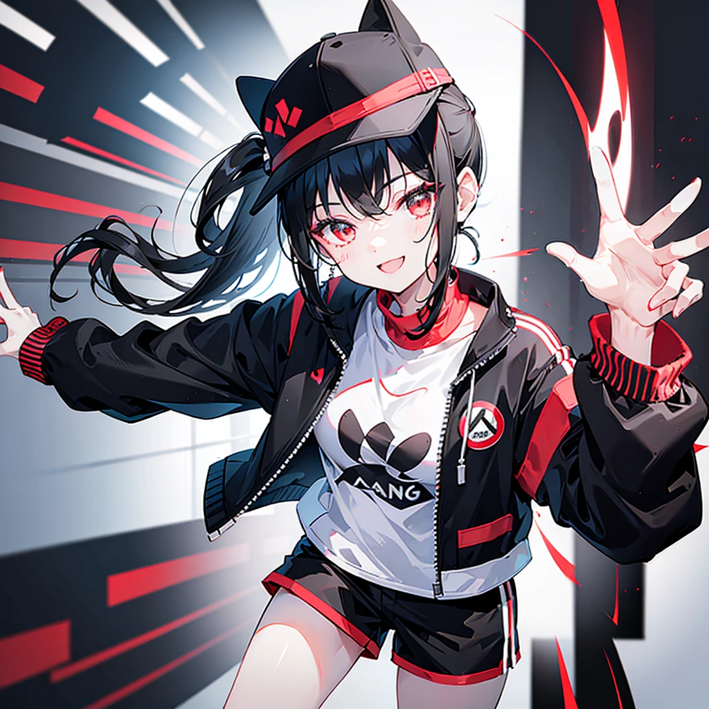 (ponytail),(Black Hair),beautiful girl,Peace sign near face, Wear a black hat,Red sneakers,In the crowd,White tops,Black jacket,Black shorts,Tall buildings,signal machine,A lot of people,smile,It&#39;s quite far away