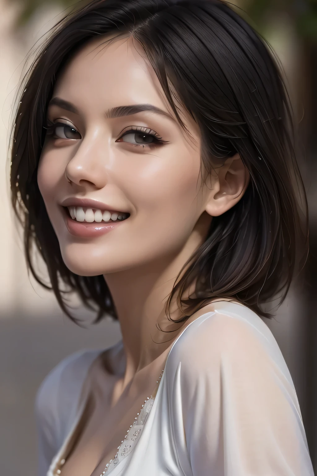 ((masterpiece)), ((Highest quality)), ((Complex)), ((Surreal)), (Realistic), (Mature Woman), ((There are no classes)), Very detailed, (1 female), Beautiful and exquisite, (Beautiful Teeth), Grin, Brunette Bob Hair, Brown eyes, ((blouse)), (Upper Body), (background:none), Perfect Eyes, Captivating eyes, Looking at the audience