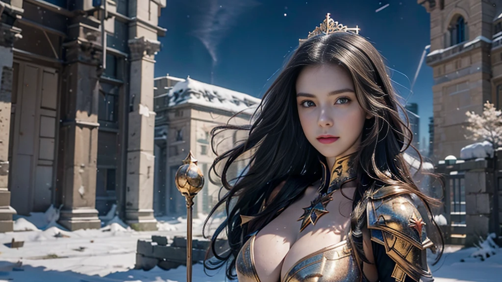 masterpiece, rest, best quality, Very detailed, Super real, 16K, high resolution, castle,snow, ((Starry Sky)),Female Mage,Gorgeous armor,Complex Mode,Large Breasts,Pretty Face,Closed mouth,dramatic,Medium distance photography,Glowing scepter