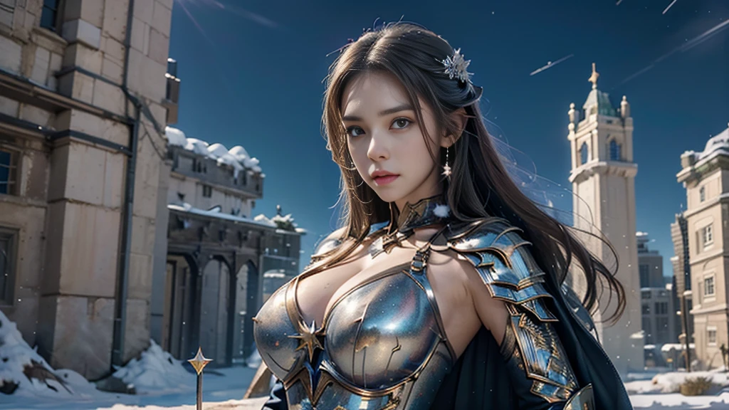 masterpiece, rest, best quality, Very detailed, Super real, 16K, high resolution, castle，snow, ((Starry Sky)),Female Mage，Gorgeous armor，Complex Mode，Large Breasts，Pretty Face，Closed mouth，dramatic，Medium distance photography，Glowing scepter