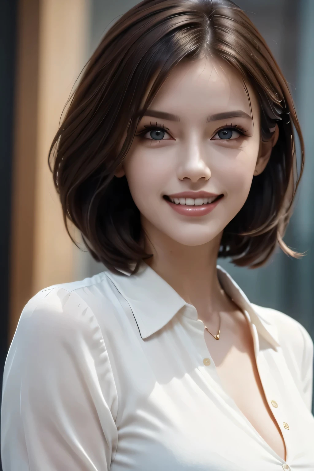 ((masterpiece)), ((Highest quality)), ((Complex)), ((Surreal)), (Realistic), (Mature Woman), ((There are no classes)), Very detailed, (1 female), Beautiful and exquisite, (Beautiful Teeth), Grin, Brunette Bob Hair, Brown eyes, ((blouse)), (Upper Body), (background:none), Perfect Eyes, Captivating eyes, Looking at the audience