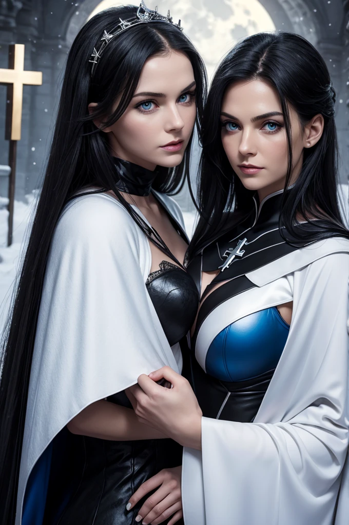 mother and daughter break: mother, super villain, mature woman , black hair , blue eyes, detailed face , sexy, curvys, tall, white woman, dress with cape, desing with christian cross break: daughter, girl, very small breats, teenager, 1.3, super villain, lolita, black hair , blue eyes, detailed face ,dresing with christian cross , background in snow , moon behind
