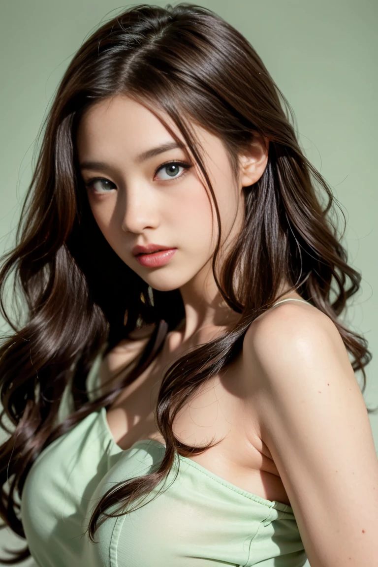 (nude)Wavy long hair, Brown Hair, One girl, Emerald Eyes, Shake with two fingers, Pink Lips, Pastel Green Dress,