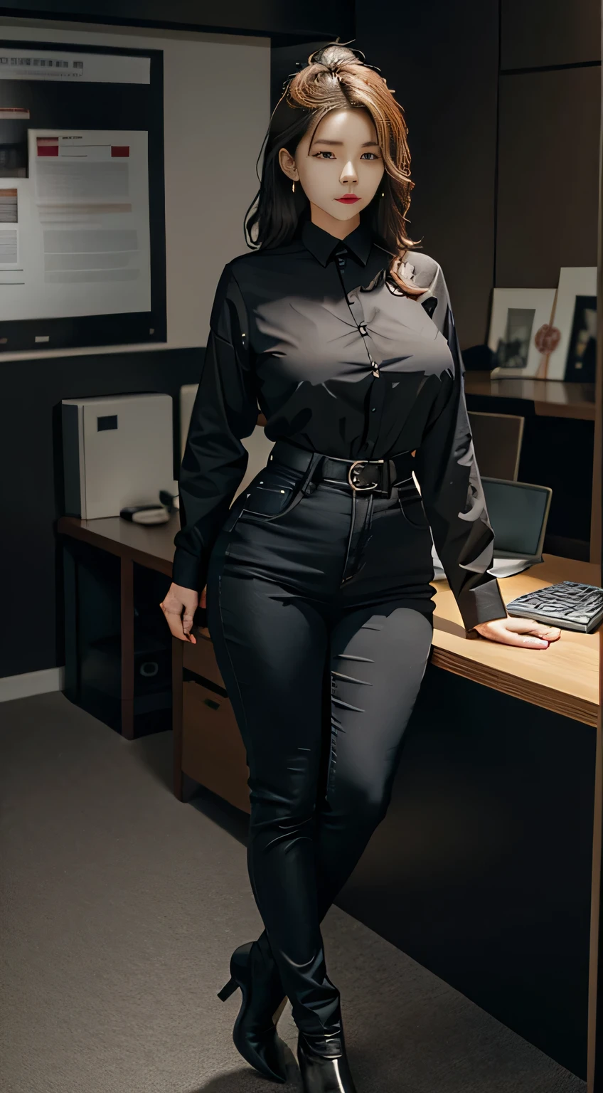 best qualtiy, Full body like，Cinematic shots，Refined face，pretty  face，20yo Woman, short, plump and sexy body，Extra-large big breasts。Oversized bust，big breasts thin waist，office lady uniform，Office wear，black pants，Black booties，interior scenes，office room，Stand up，full body shot shot。buttoned up blouse, big tits, buttoned up blouse, see through 
