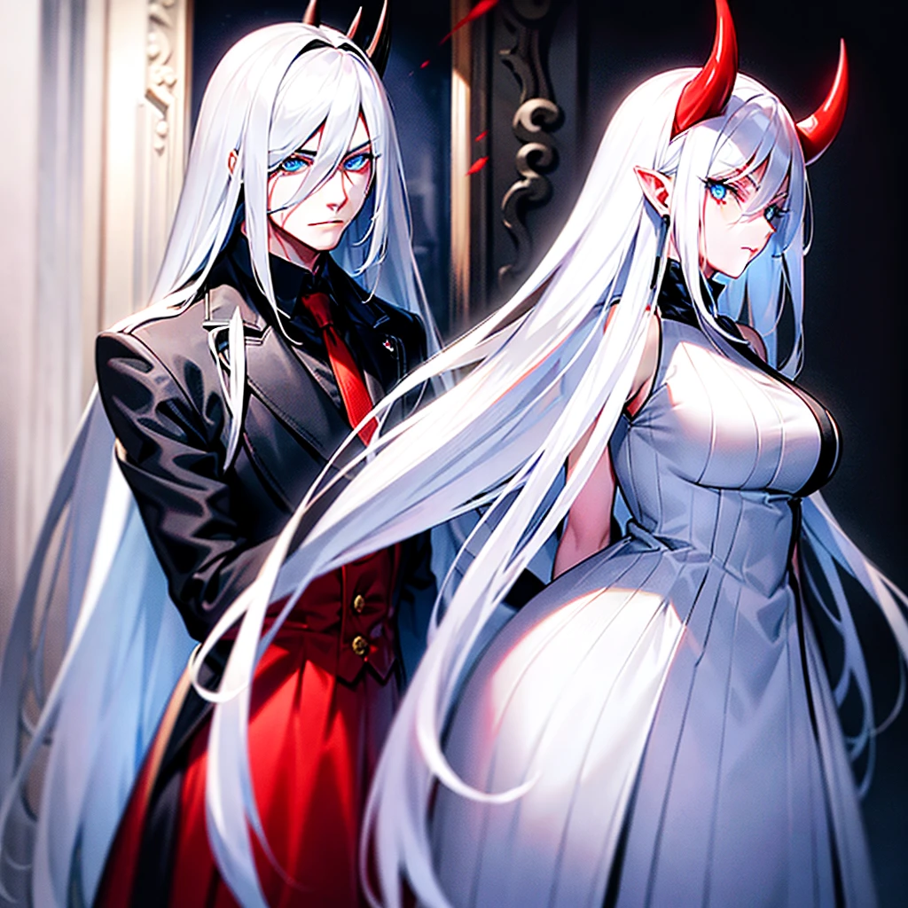 Long white hair white skin dull blue eyes an arrogant expression wearing a black suit with a blood red horn and mixing male and female physiognomies