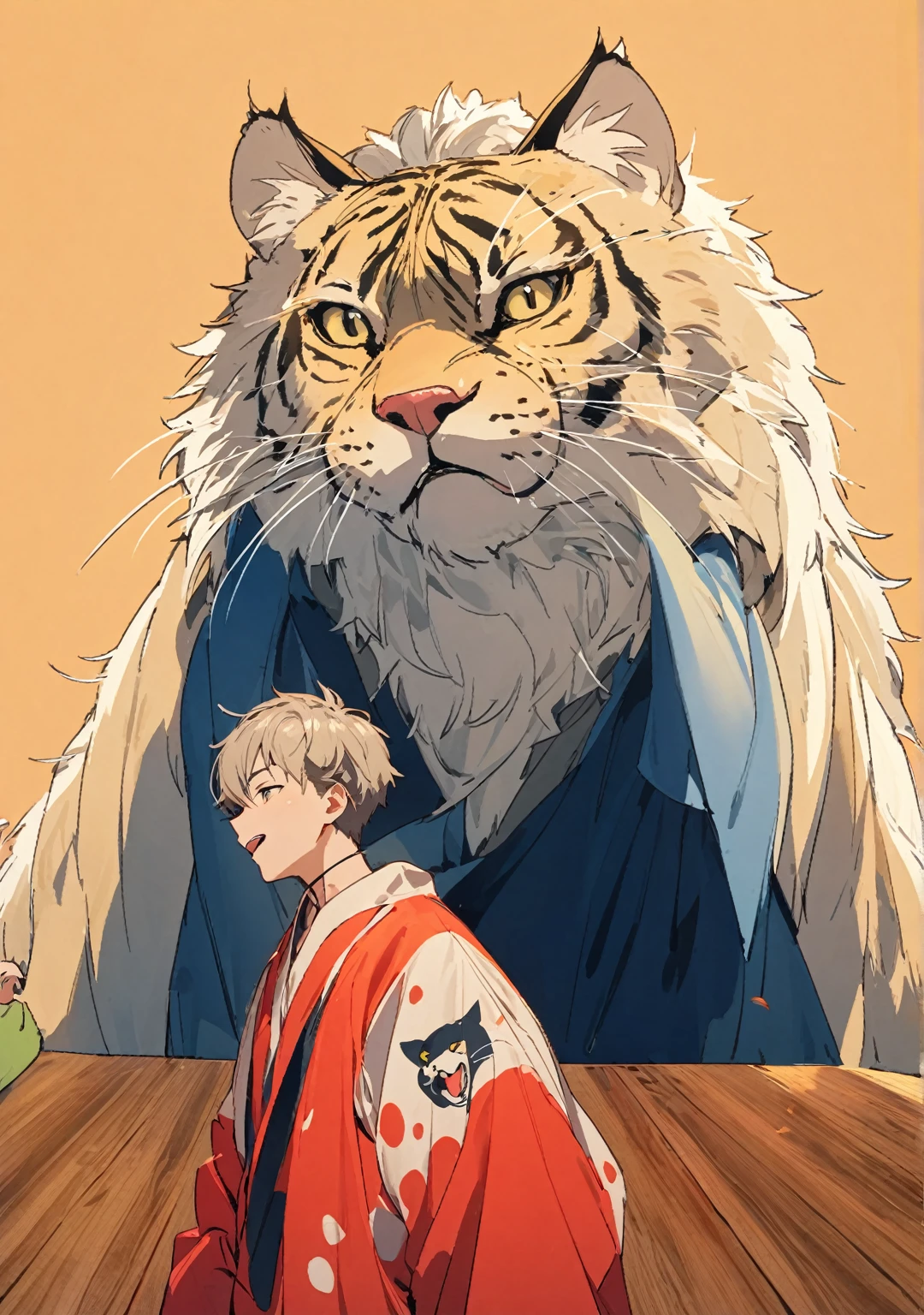 big cat and a young boy. young boy panting him as model,different pose and angle
