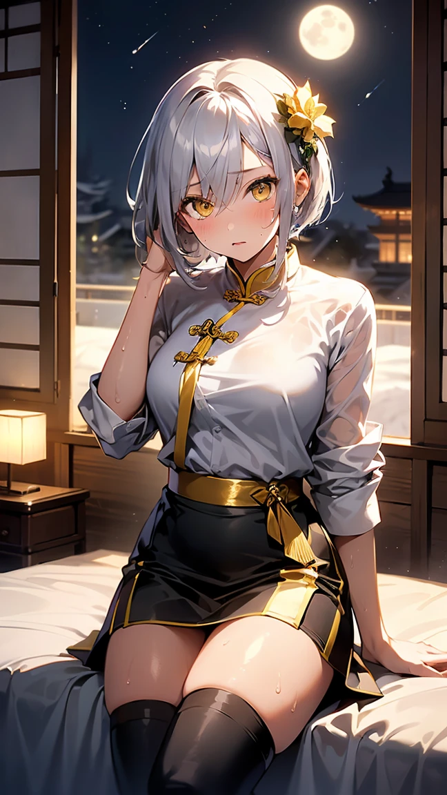 young girl 16 years old, short silver bob hair, hair flower, sharp bangs between the eyes, yellow  eyes, eyes large, provocative look, obscene expression, traditional chinese imperial clothes black with gold details, red skirt, black thigh high socks. Japanese room, at night, with full moon in the background, light reflecting on the sexy and sweaty body. (((sweat))) (work of art:1.2,) (best qualityer.)