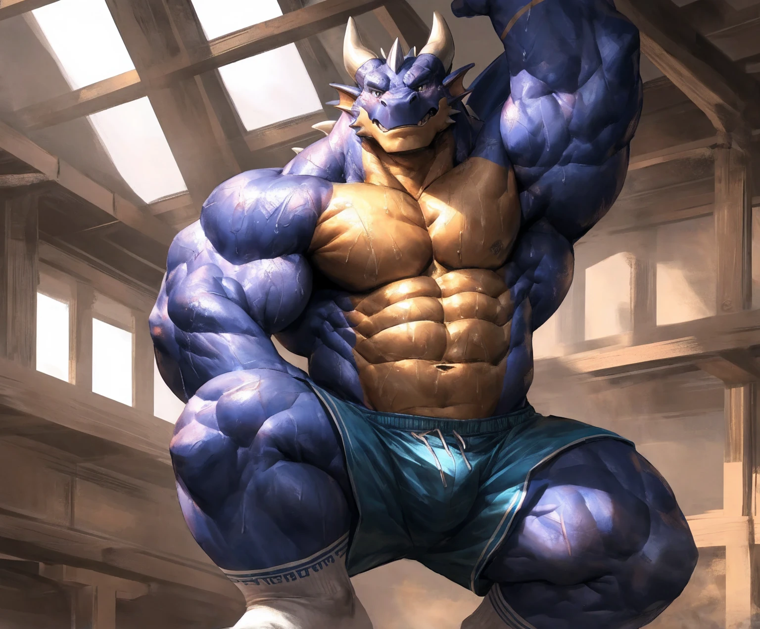 human nature, cannon, male, solitary, ((the strong,Handsome)), (dragon), Chibo,Six-pack abs,(indoor),Feet facing the audience,(Dirty,White socks),Blue shorts,Sweat:1.3,high quality, (4K,high quality, high resolution, masterpiece), cartoon,by lindong