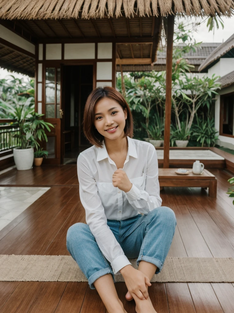 Mina, 1girl, solo, realistic, photorealistic, high quality picture, 8k, high resolution, detailed quality, film grain, natural photo, ultrarealistic, (((25-years-old))), ((detailed wrinkles in her face)), FRENCH, (Background: Indonesian), (((SLIM))), ((THIN)), (Slender) (Auburn Short hair)), Light smile, fully clothed, Pose: Sitting, ((sitting on her patio in her house in Indonesia)), sunrise, full shot