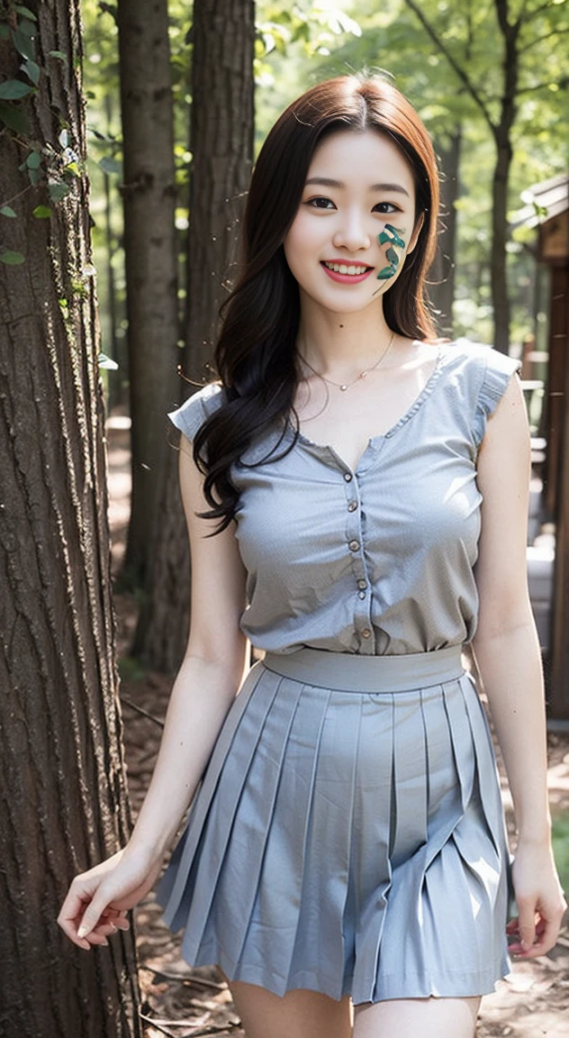 Highest quality, 1 beautiful woman, 28 years old, Large breast bulges, s, 35mm lens, F/1, Cowboy shot, Specific Background、(A girl in the forest), Perm、sweat ((light gray shirt)), sleeveless,((Short pleated skirt:1.3)),(a charming smile:1.2),