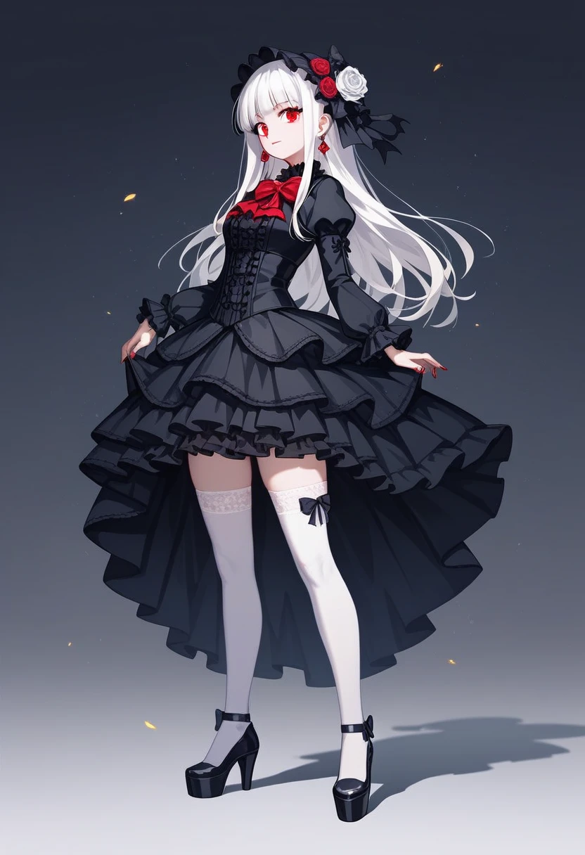 masterpiece, top-quality, ​masterpiece, top-quality,ighly detailed,{top-quality}, {{​masterpiece}}, {hight resolution},original, {extremely delicate and beautiful},​masterpiece, top-quality,ighly detailed,{top-quality},white hair, gothic lolita, full body, standing, white thighhighs, short dress, black dress,