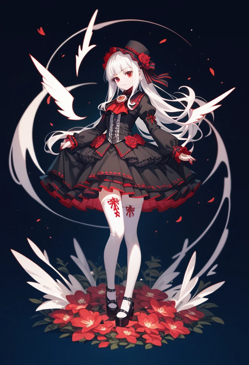 masterpiece, top-quality, masterpiece, top-quality,ighly detailed,{top-quality}, {{masterpiece}}, {hight resolution},original, {extremely delicate and beautiful},masterpiece, top-quality,ighly detailed,{top-quality},white hair, gothic ta, full body, standing, white thighhighs, short dress, black dress,