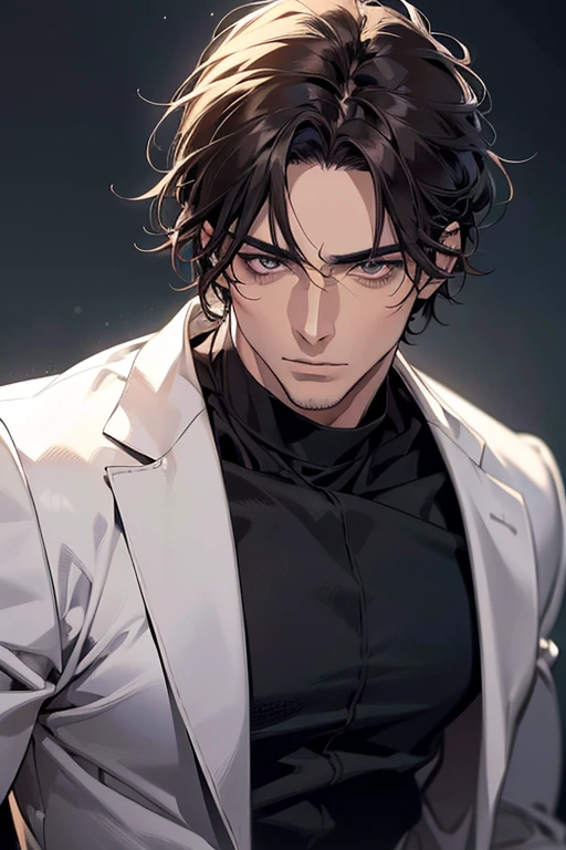 (Best quality,4K,8K,a high resolution,masterpiece:1.2),ultra detailed,(realistic,photorealistic,photo-realistic:1.37),39 year old man,Beautiful anime,portraits,strong,masculine,dark hair,Sharp jawline,Mesmerizing eyes,Perfectly styled hair,confident expression,bright colors,dynamic lighting,Brown eyes,(Black T-shirt),(dark skin),((mature man, man 40 years old)), (square jaw)