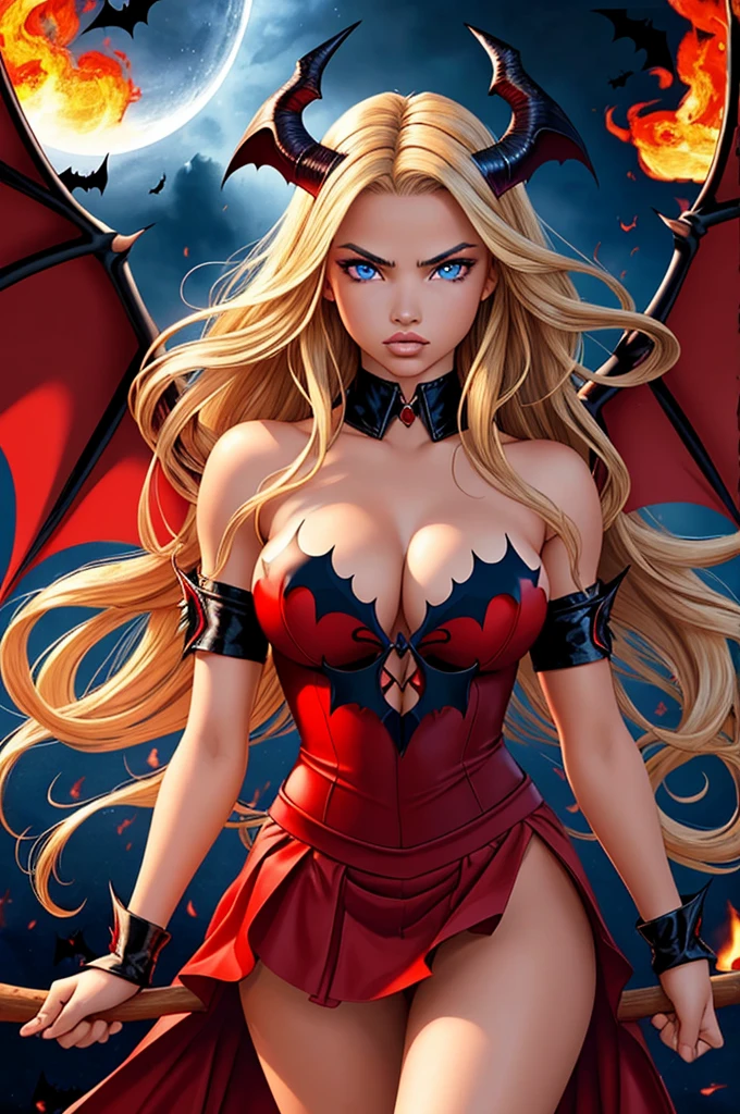 16 year old Adriana Lima, ultra detailed face, ultra detailed blue eyes, long blonde hair, fire, hell, demon, horns, (red dress, skirt), (((masterpiece, large bat wings)))