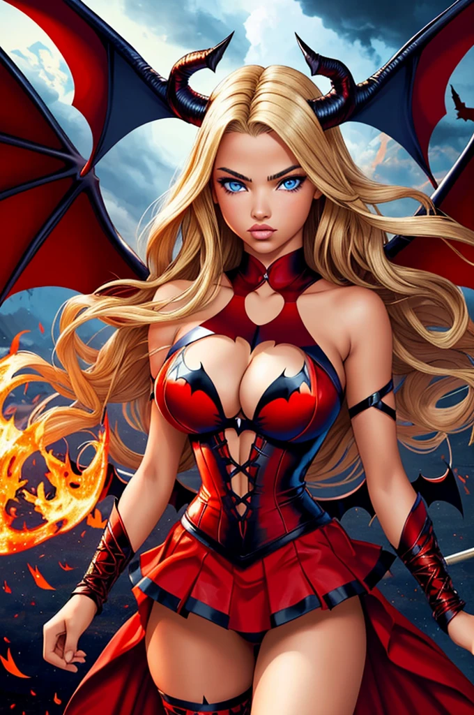 16 year old Adriana Lima, ultra detailed face, ultra detailed blue eyes, long blonde hair, fire, hell, demon, horns, (red dress, skirt), (((masterpiece, large bat wings)))