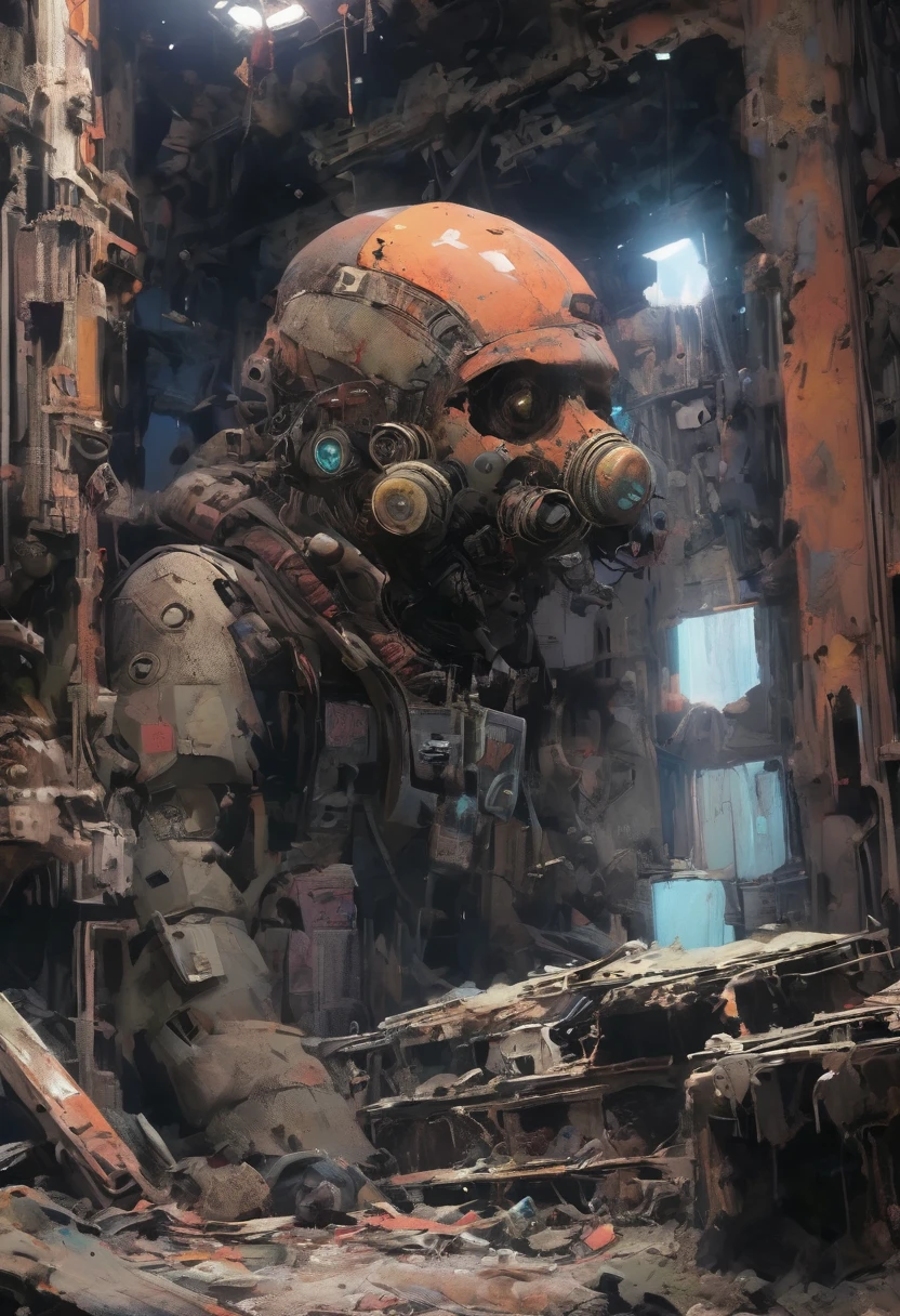 [object Object], post-apocalyptic wasteland, color, close up view of a scavenger lost inside a derelict space station