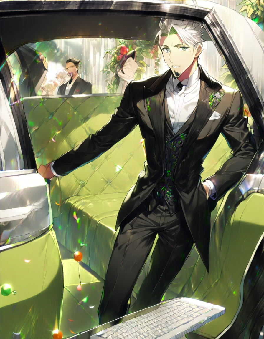 1 boy, male focus, Intricate details, 1 man, handsome, white hair, vibrant green eyes, slim muscles, anime, 19 years old, 19 years old, a small goatee,(the character is wearing an elegant black suit, going to a party, he would be in the car typing until the party)